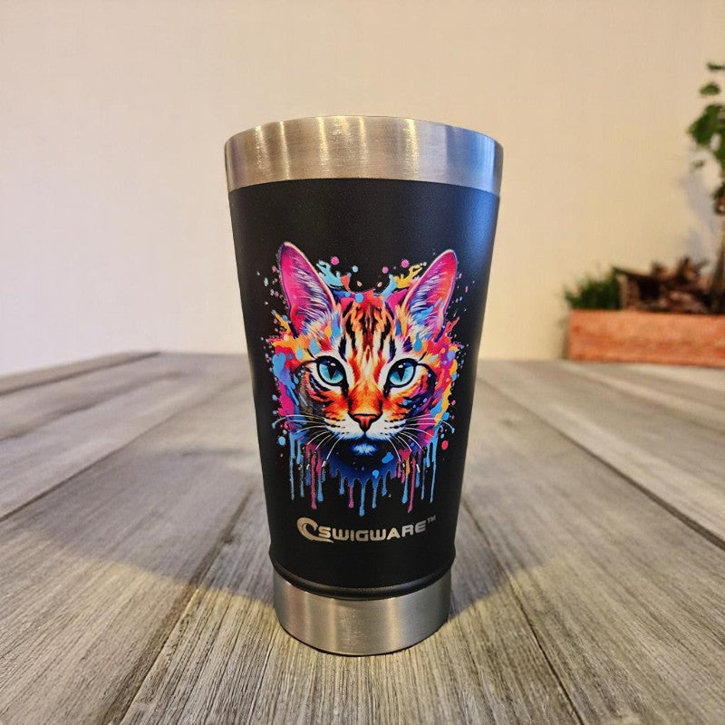 Color Splash Cats 16 oz Double Walled Stainless Steel Beer Pint with Bottle Opener Built in Black