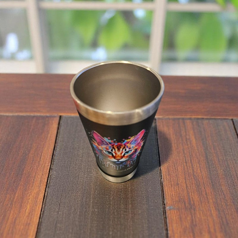 Color Splash Cats 16 oz Double Walled Stainless Steel Beer Pint with Bottle Opener Built in Black