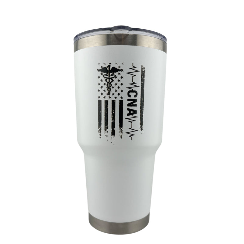 30 oz Double Wall Vacuum Insulated CNA Certified Nurses Assistant Tumbler with American Flag EKG and the caduceus