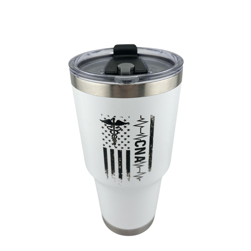 30 oz Double Wall Vacuum Insulated CNA Certified Nurses Assistant Tumbler with American Flag EKG and the caduceus
