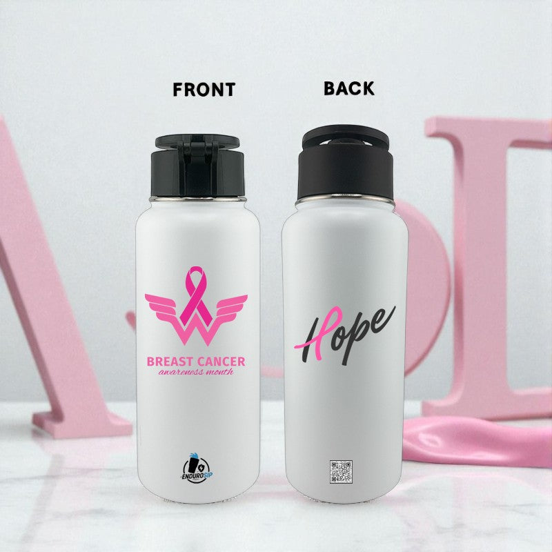 Breast Cancer Awareness Month 32 oz White Stainless Steel Tumbler with MagSafe™ Magnetic Phone Holder Lid | EnduroSip