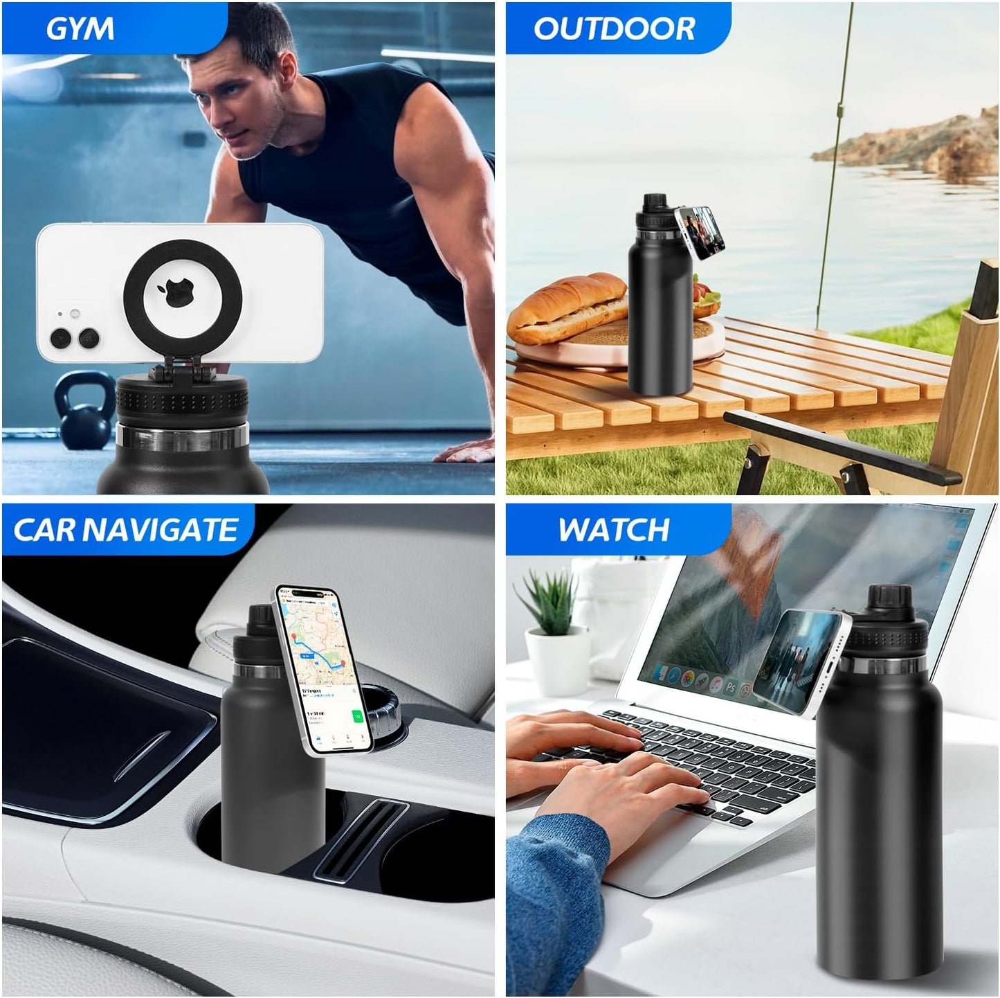 RN Nurse Vibes Magnetic Lid 950 ml Large Capacity Stainless Steel Vacuum Cup, Portable Handle, Sports Water Bottle Black with Magnetic Phone Holder