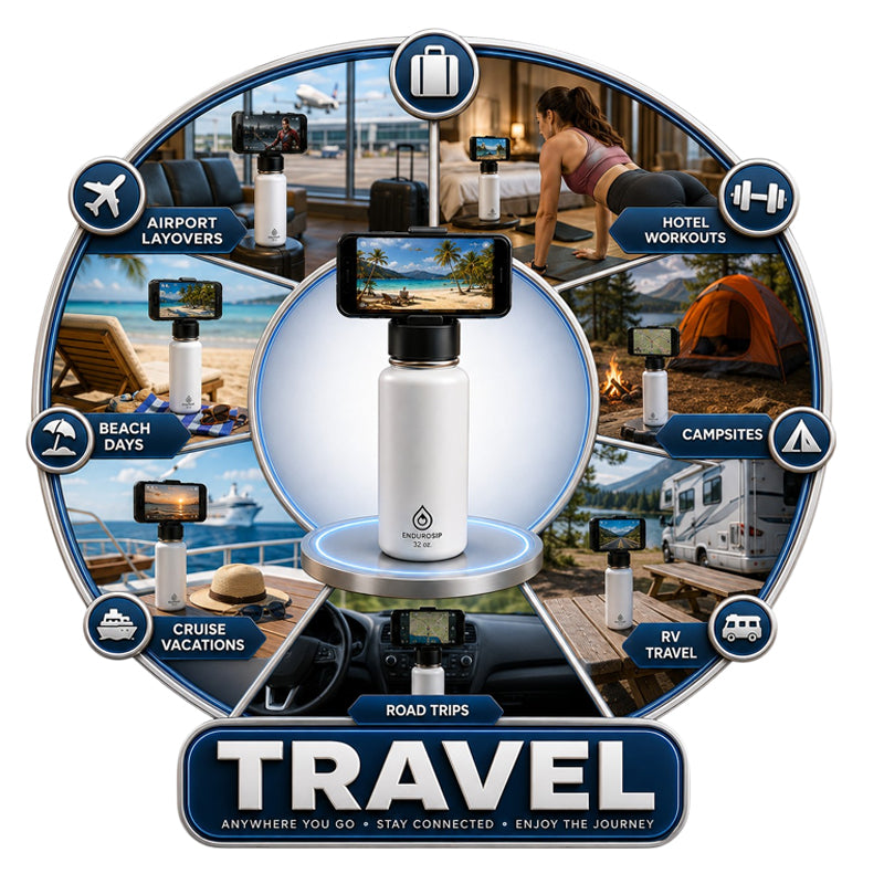EnduroSip magnetic phone holder water bottle for travel and hands-free viewing