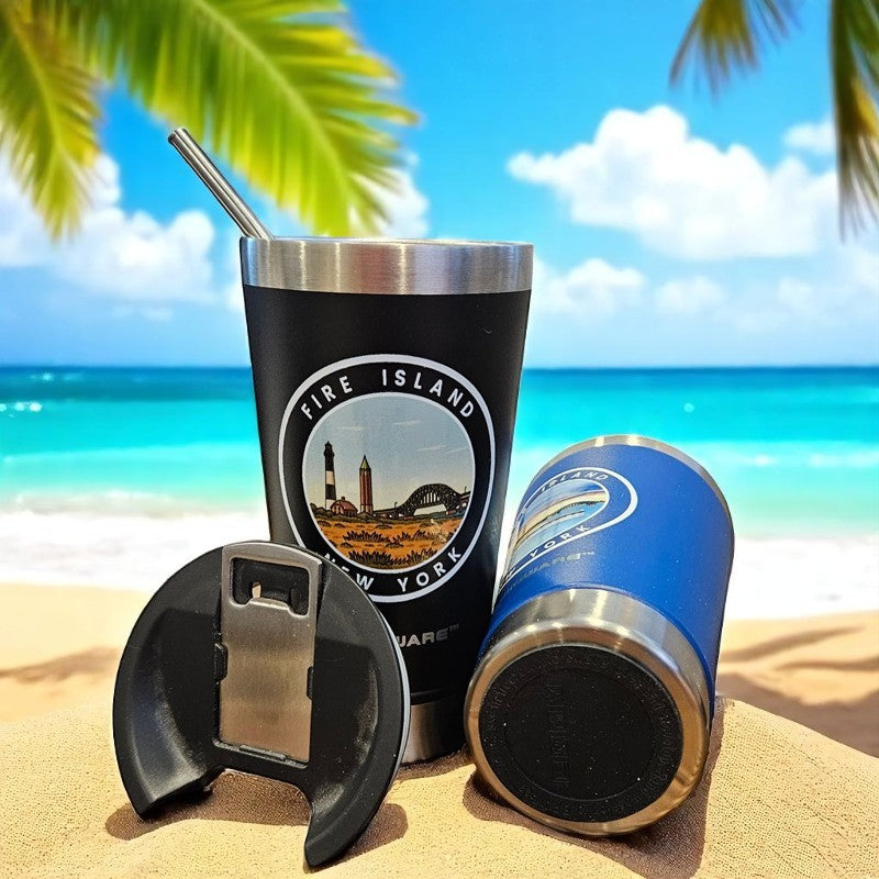 Fire Island Lighthouse Bridge 16 oz Double Walled Stainless Steel Beer Pint with Bottle Opener Built in Black
