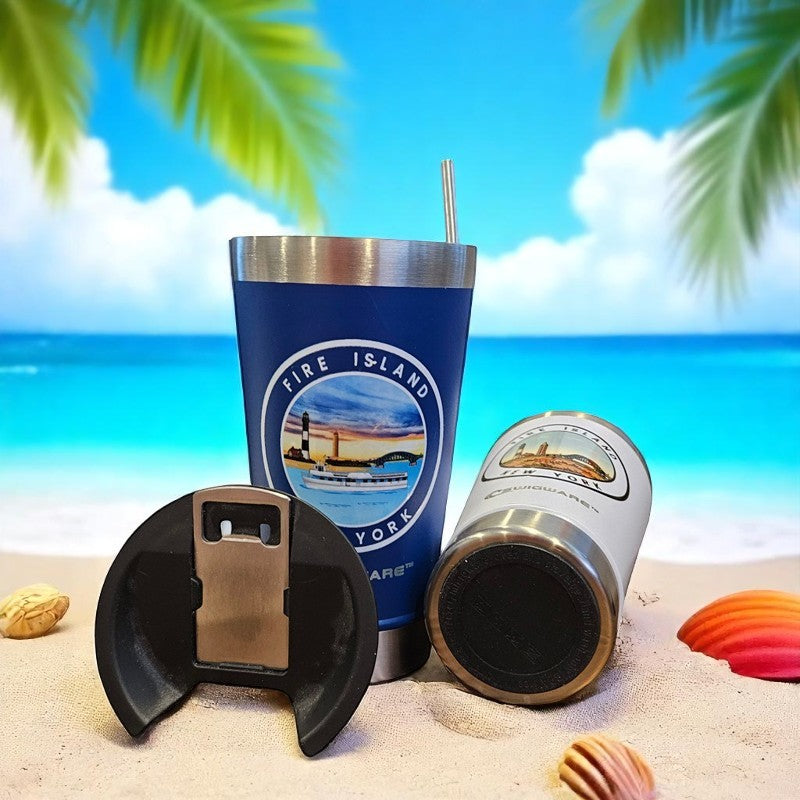 Fire Island Lighthouse Bridge 16 oz Double Walled Stainless Steel Beer Pint with Bottle Opener Built in Blue