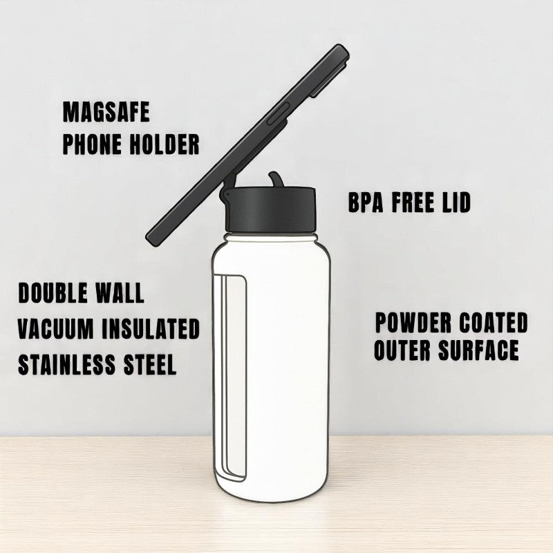 32oz Magsafe Stainless Steel, Double Wall Vacuum Insulated Phone Holder, Tripod Thermos Water Bottle
