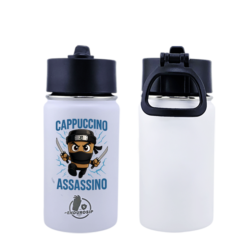 EnduroSip® 12 oz Water Bottle – Cappuccino Assassino Italian Brainrot | Pink & White UVDTF 3D Permasticker