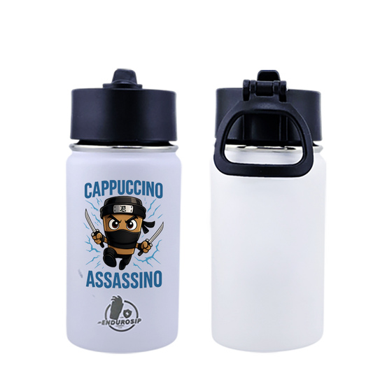 EnduroSip® 12 oz Water Bottle – Cappuccino Assassino Italian Brainrot | Pink & White UVDTF 3D Permasticker