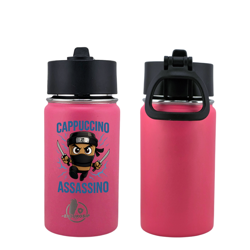 EnduroSip® 12 oz Water Bottle – Cappuccino Assassino Italian Brainrot | Pink & White UVDTF 3D Permasticker