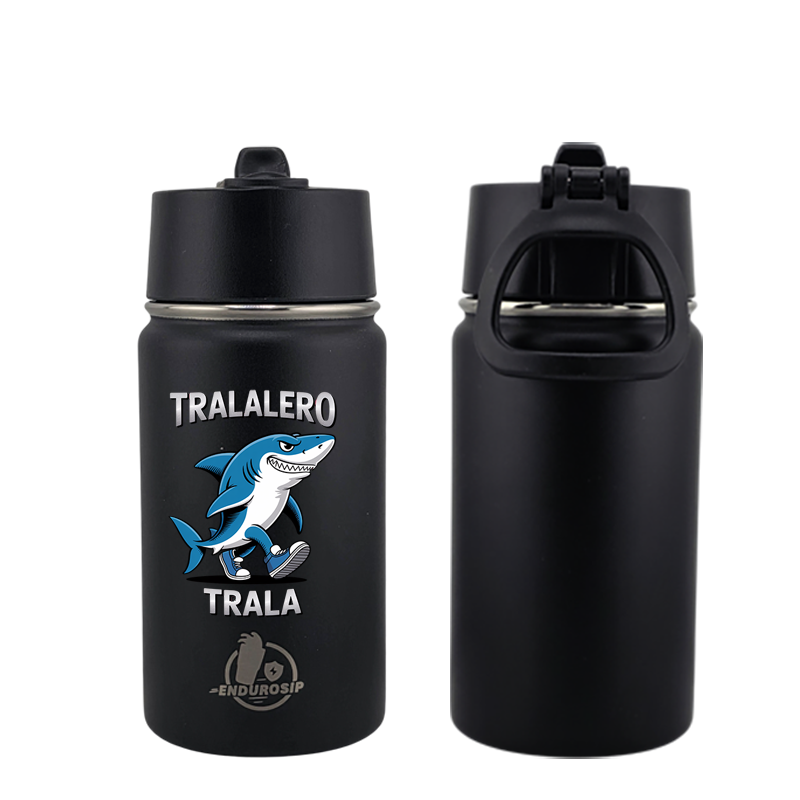 EnduroSip® 12 oz Water Bottle – Tralalero Trala Italian Brainrot | Black, Blue, White & Pink UVDTF 3D Permasticker