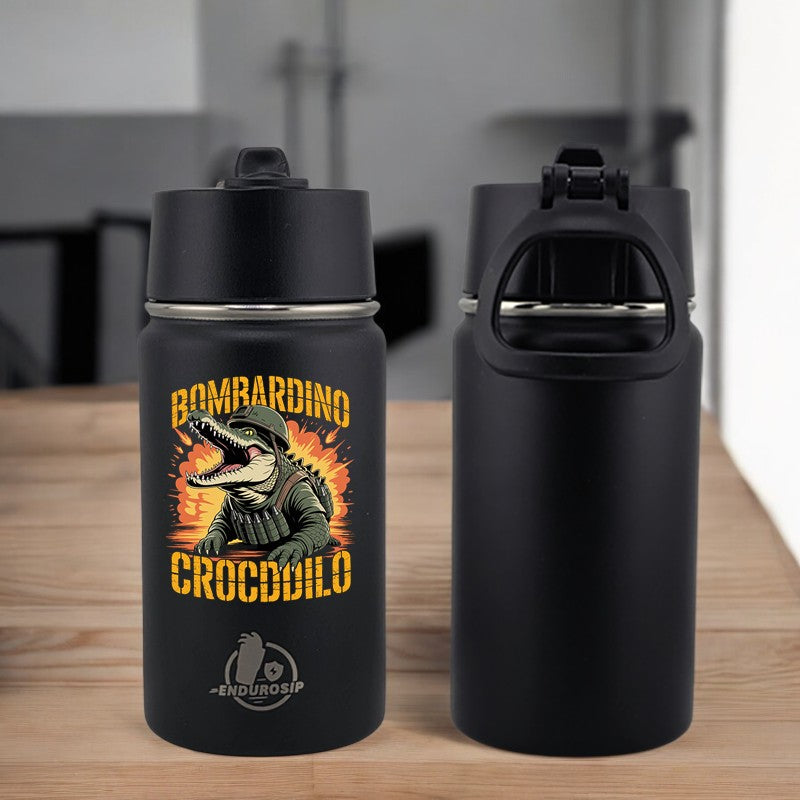 EnduroSip® 12 oz Water Bottle – Bombardiro Crocodilo Italian Brainrot | Single-Sided UVDTF 3D Permasticker in 4 colors