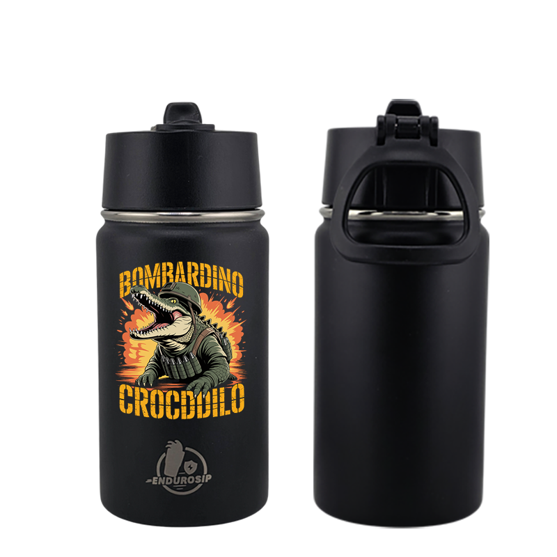 EnduroSip® 12 oz Water Bottle – Bombardiro Crocodilo Italian Brainrot | Single-Sided UVDTF 3D Permasticker in 4 colors