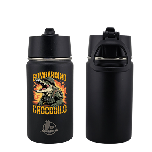 EnduroSip® 12 oz Water Bottle – Bombardiro Crocodilo Italian Brainrot | Single-Sided UVDTF 3D Permasticker in 4 colors