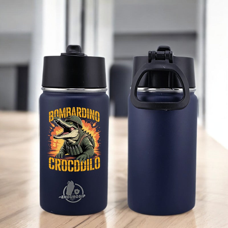 EnduroSip® 12 oz Water Bottle – Bombardiro Crocodilo Italian Brainrot | Single-Sided UVDTF 3D Permasticker in 4 colors