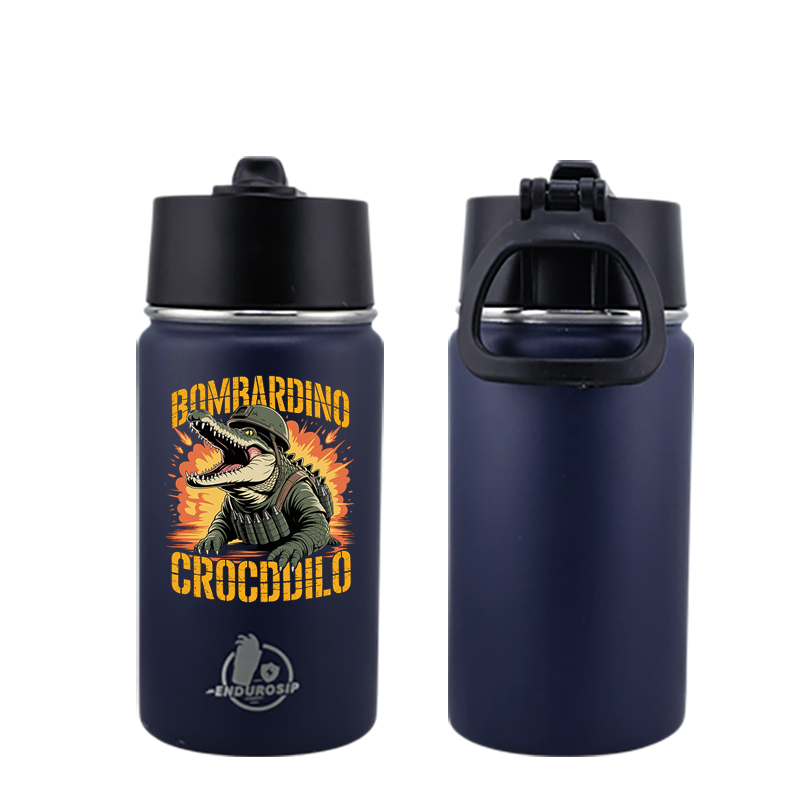 EnduroSip® 12 oz Water Bottle – Bombardiro Crocodilo Italian Brainrot | Single-Sided UVDTF 3D Permasticker in 4 colors