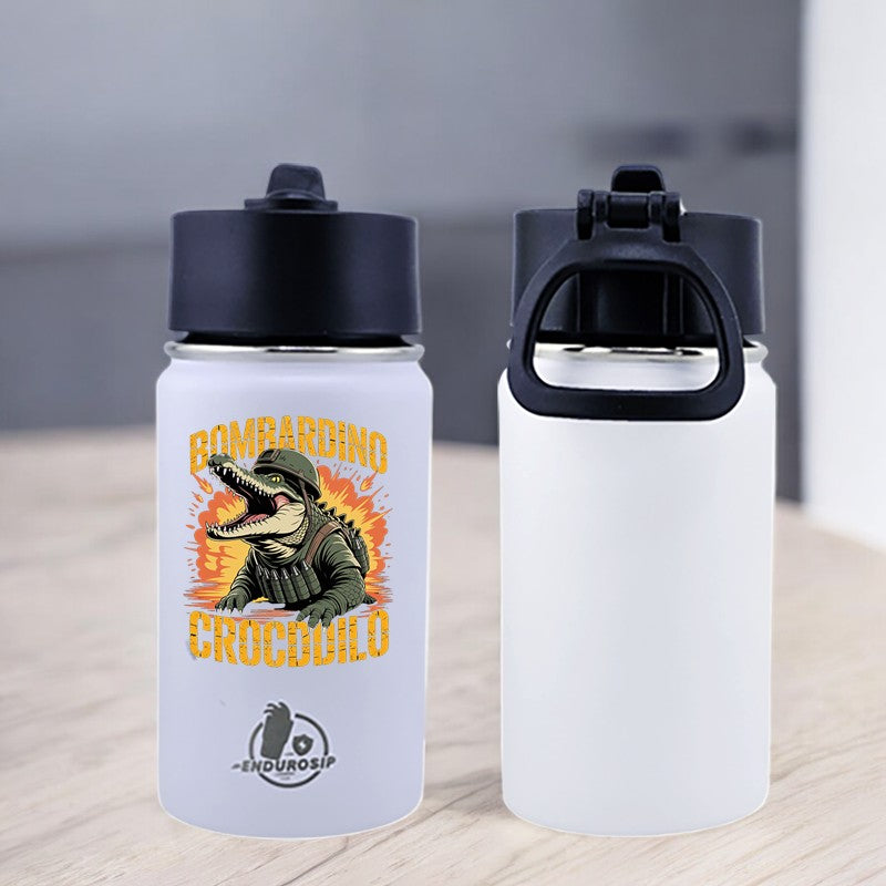 EnduroSip® 12 oz Water Bottle – Bombardiro Crocodilo Italian Brainrot | Single-Sided UVDTF 3D Permasticker in 4 colors