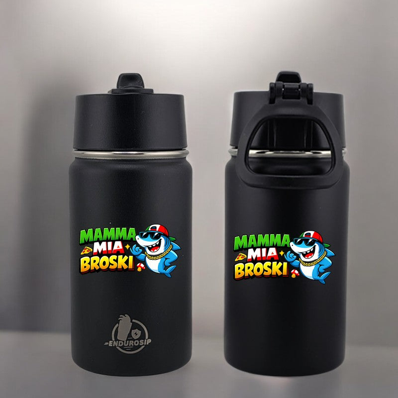 EnduroSip® 12 oz Black Water Bottle – Mamma Mia Broski Italian Brainrot | Double-Sided UVDTF 3D Permastickers