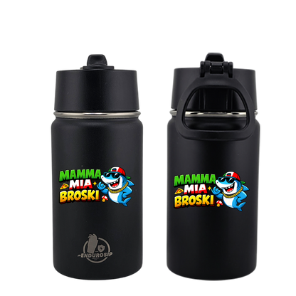 EnduroSip® 12 oz Black Water Bottle – Mamma Mia Broski Italian Brainrot | Double-Sided UVDTF 3D Permastickers