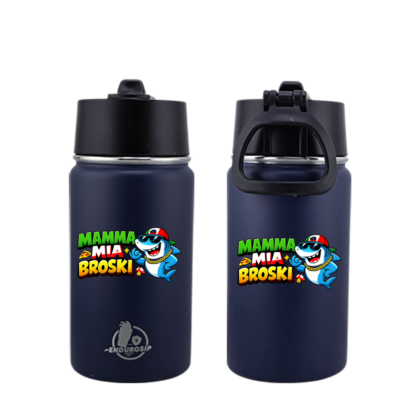 EnduroSip® 12 oz Black Water Bottle – Mamma Mia Broski Italian Brainrot | Double-Sided UVDTF 3D Permastickers