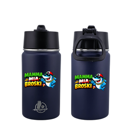 EnduroSip® 12 oz Black Water Bottle – Mamma Mia Broski Italian Brainrot | Double-Sided UVDTF 3D Permastickers
