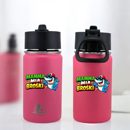 EnduroSip® 12 oz Black Water Bottle – Mamma Mia Broski Italian Brainrot | Double-Sided UVDTF 3D Permastickers