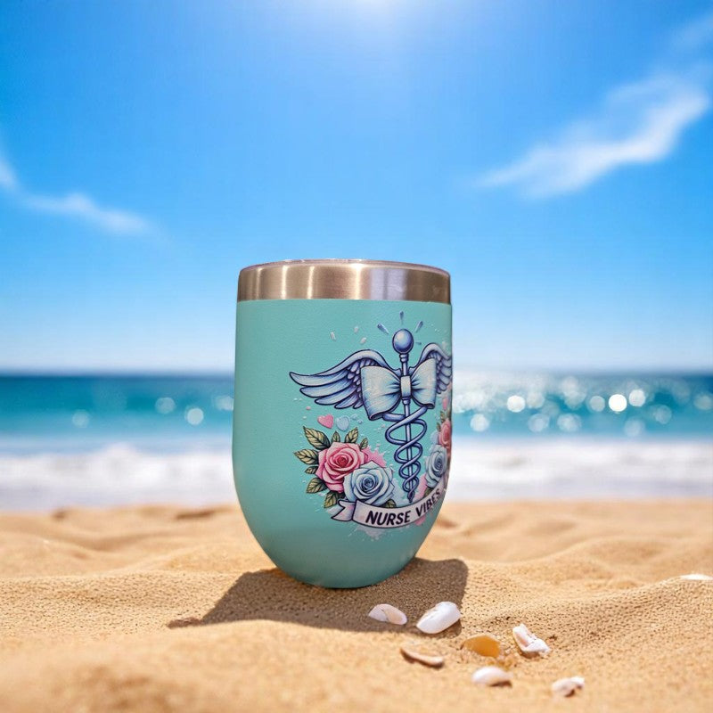 Nurse Vibes 12oz Wine Tumbler with lid, Stainless Steel Travel Mugs Stemless Double Wall Insulated Coffee Cup, Insulated Wine Glasses Travel Tumbler for Cold & Hot Drinks