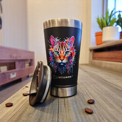 Color Splash Cats 16 oz Double Walled Stainless Steel Beer Pint with Bottle Opener Built in Black