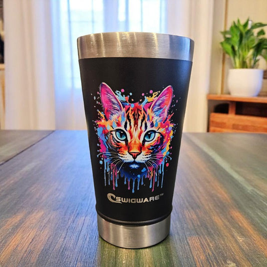 Color Splash Cats 16 oz Double Walled Stainless Steel Beer Pint with Bottle Opener Built in Black