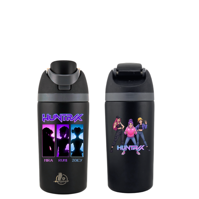EnduroSip® 16 oz K-POP Demon Hunters Huntrix Fruit Bottle – Mira, Rumi & Zoey | Insulated Stainless Steel Straw Bottle (Black)