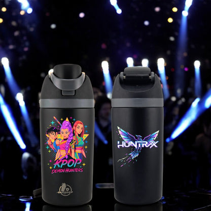 EnduroSip® 16 oz Huntrix K-POP Demon Hunters Performance Fruit Bottle – Dual 3D UVDTF Stickers | Zoey, Rumi & Mira | Insulated Straw Bottle (Black)