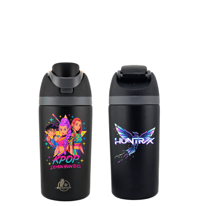 EnduroSip® 16 oz Huntrix K-POP Demon Hunters Performance Fruit Bottle – Dual 3D UVDTF Stickers | Zoey, Rumi & Mira | Insulated Straw Bottle (Black)