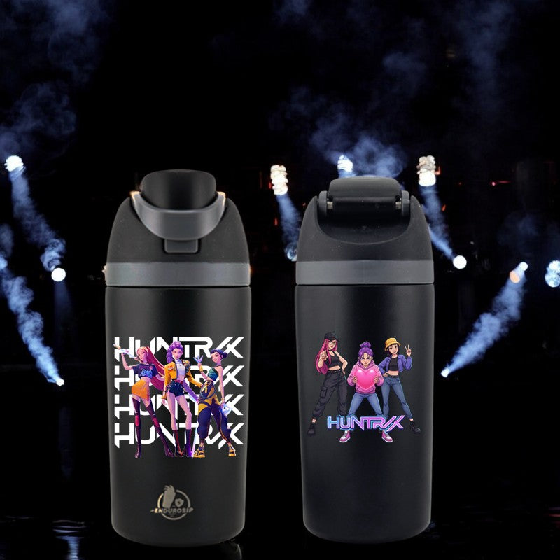 EnduroSip® 16 oz K-POP Demon Hunters Huntrix Fruit Bottle – Mira, Rumi & Zoey | Insulated Stainless Steel Straw Water Bottle (Black)