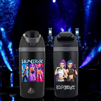 EnduroSip® 16 oz K-POP Demon Hunters Huntrix Fruit Bottle – Dual UVDTF 3D Permastickers | Mira, Rumi & Zoey | Insulated Stainless Steel Straw Bottle (Black)