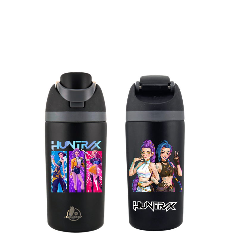EnduroSip® 16 oz K-POP Demon Hunters Huntrix Fruit Bottle – Dual UVDTF 3D Permastickers | Mira, Rumi & Zoey | Insulated Stainless Steel Straw Bottle (Black)