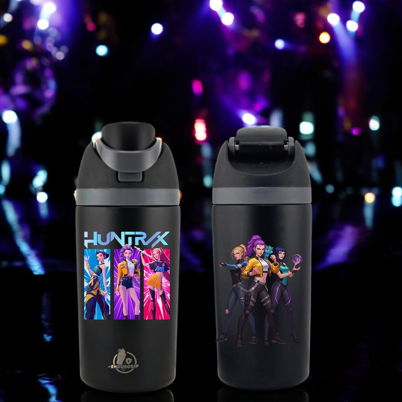 EnduroSip® 16 oz K-POP Demon Hunters Huntrix Fruit Bottle – Dual UVDTF 3D Permastickers | Mira, Rumi & Zoey | Insulated Stainless Steel Straw Bottle (Black)