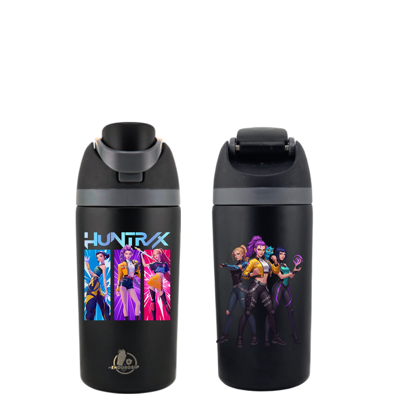 EnduroSip® 16 oz K-POP Demon Hunters Huntrix Fruit Bottle – Dual UVDTF 3D Permastickers | Mira, Rumi & Zoey | Insulated Stainless Steel Straw Bottle (Black)