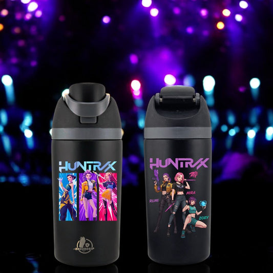EnduroSip® 16 oz K-POP Demon Hunters Huntrix Fruit Bottle – Dual UVDTF 3D Permastickers | Mira, Rumi & Zoey | Insulated Stainless Steel Straw Bottle (Black)