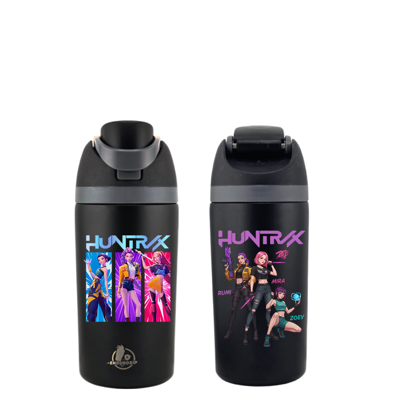 EnduroSip® 16 oz K-POP Demon Hunters Huntrix Fruit Bottle – Dual UVDTF 3D Permastickers | Mira, Rumi & Zoey | Insulated Stainless Steel Straw Bottle (Black)