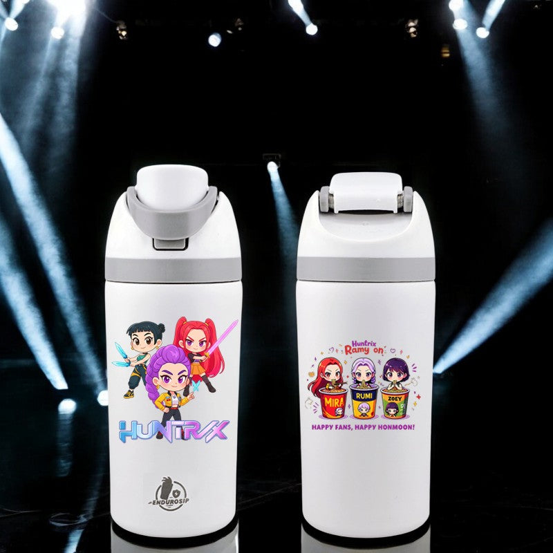 EnduroSip 16 oz Huntrix K-POP Chibi Edition Fruit Bottle – Dual 3D UVDTF Stickers | Mira, Rumi & Zoey (White)