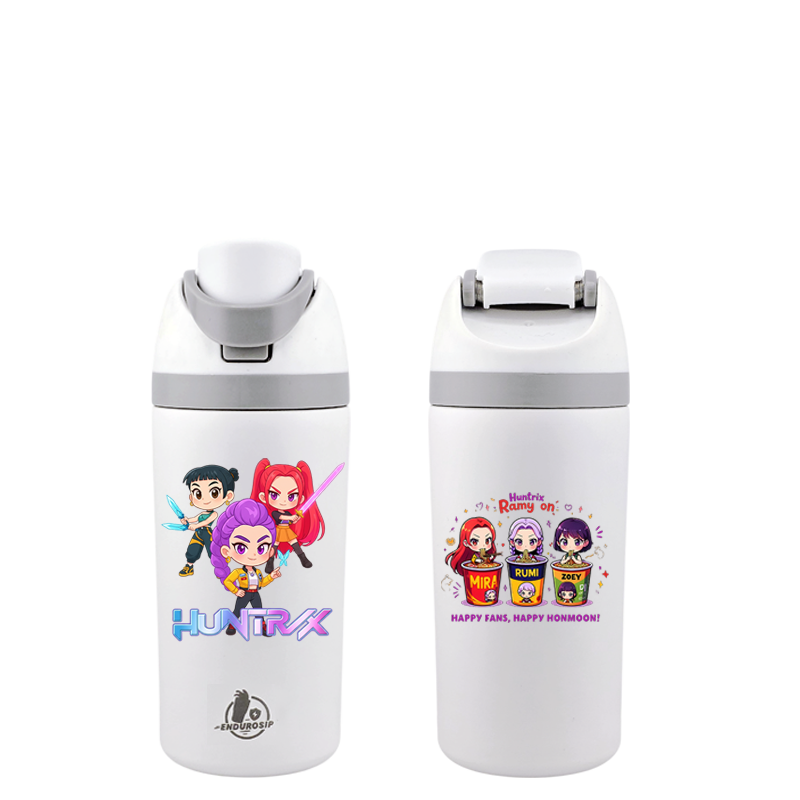 EnduroSip 16 oz Huntrix K-POP Chibi Edition Fruit Bottle – Dual 3D UVDTF Stickers | Mira, Rumi & Zoey (White)