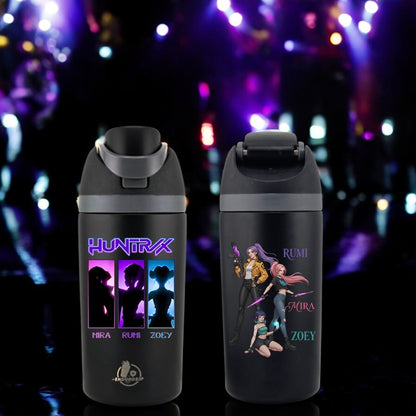 EnduroSip® 16 oz Huntrix K-POP Collector Fruit Bottle – Dual 3D UVDTF Stickers | Mira, Rumi & Zoey | Insulated Straw Bottle (Black)