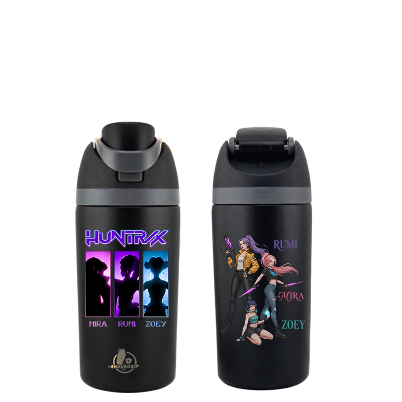 EnduroSip® 16 oz Huntrix K-POP Collector Fruit Bottle – Dual 3D UVDTF Stickers | Mira, Rumi & Zoey | Insulated Straw Bottle (Black)