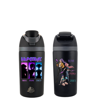 EnduroSip® 16 oz Huntrix K-POP Collector Fruit Bottle – Dual 3D UVDTF Stickers | Mira, Rumi & Zoey | Insulated Straw Bottle (Black)