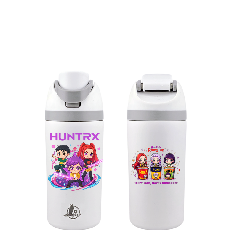 EnduroSip® 16 oz Huntrix K-POP Demon Hunters Cartoon Edition Fruit Bottle – Dual 3D UVDTF Stickers | Mira, Rumi & Zoey | Insulated Straw Bottle (White)