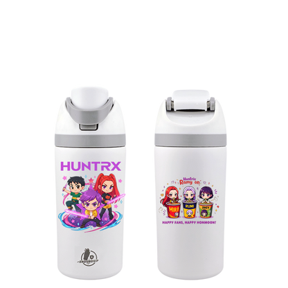 EnduroSip® 16 oz Huntrix K-POP Demon Hunters Cartoon Edition Fruit Bottle – Dual 3D UVDTF Stickers | Mira, Rumi & Zoey | Insulated Straw Bottle (White)