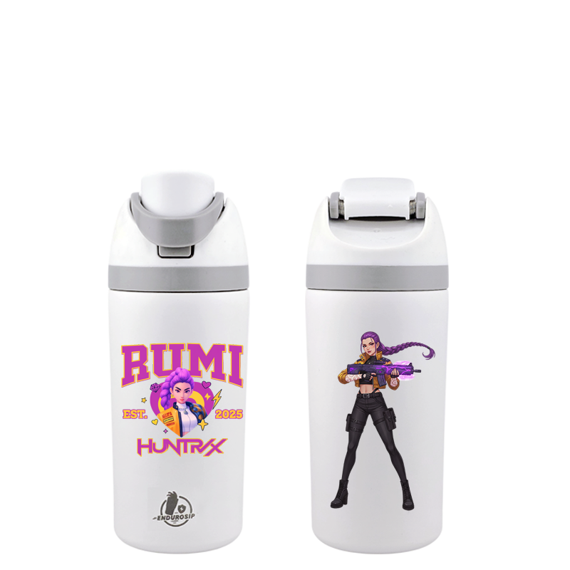 EnduroSip® 16 oz RUMI Huntrix Fruit Bottle – Dual UVDTF Permastickers | RUMI Front & Back (White)