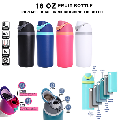 EnduroSip Kids Fruit Bottle Insulated Stainless Steel Water Bottle with Straw for Sports, Travel, and School, BPA-Free Sports Water Bottle, 16 oz