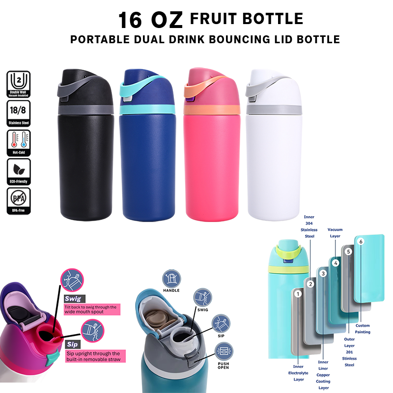 EnduroSip Kids Fruit Bottle Insulated Stainless Steel Water Bottle with Straw for Sports, Travel, and School, BPA-Free Sports Water Bottle, 16 oz