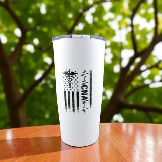 CNA 20 oz Double Wall Vacuum Insulated CNA Certified Nurses Assistant Tumbler with American Flag EKG and the Caduceus