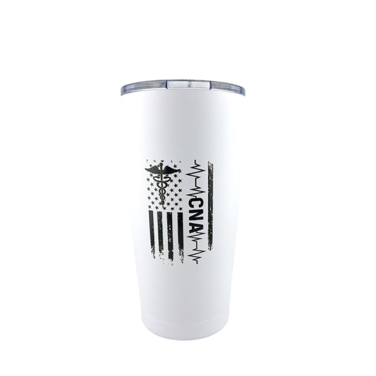 CNA 20 oz Double Wall Vacuum Insulated CNA Certified Nurses Assistant Tumbler with American Flag EKG and the Caduceus